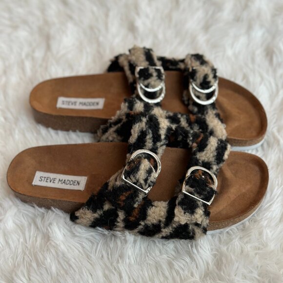 Steve Madden Sandal With Faux Fur Animal Print Upper/Silver Tone Buckles Size 9 - Picture 5 of 9